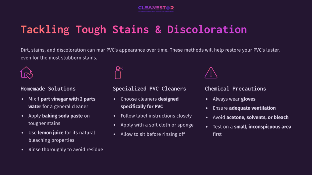 5 Tackling Tough Stains And Discoloration Guidelines For Cleaning Pvc Surfaces: Home Solutions, Specialized Cleaners, And Safety Precautions. Text In White On A Dark Background.