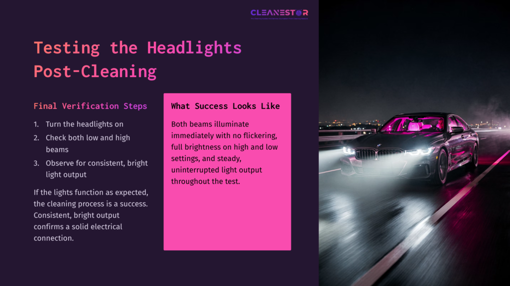5 Testing The Headlights Post Cleaning A Car With Bright Headlights Illuminates A Dark Road, Flanked By A Purple And Pink Background With Cleaning Tips For Headlight Connectors.