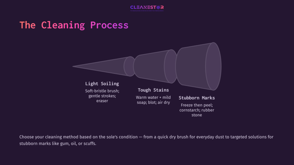 Illustration Of A Funnel-Shaped Diagram Detailing Cleaning Methods: Light Soiling, Tough Stains, And Stubborn Marks, With Tips For Each.