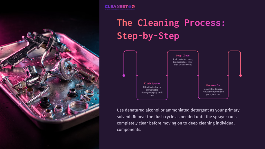 A Metal Tray Containing Various Sprayer Components, With A Vibrant Purple Background And Step-By-Step Cleaning Instructions.