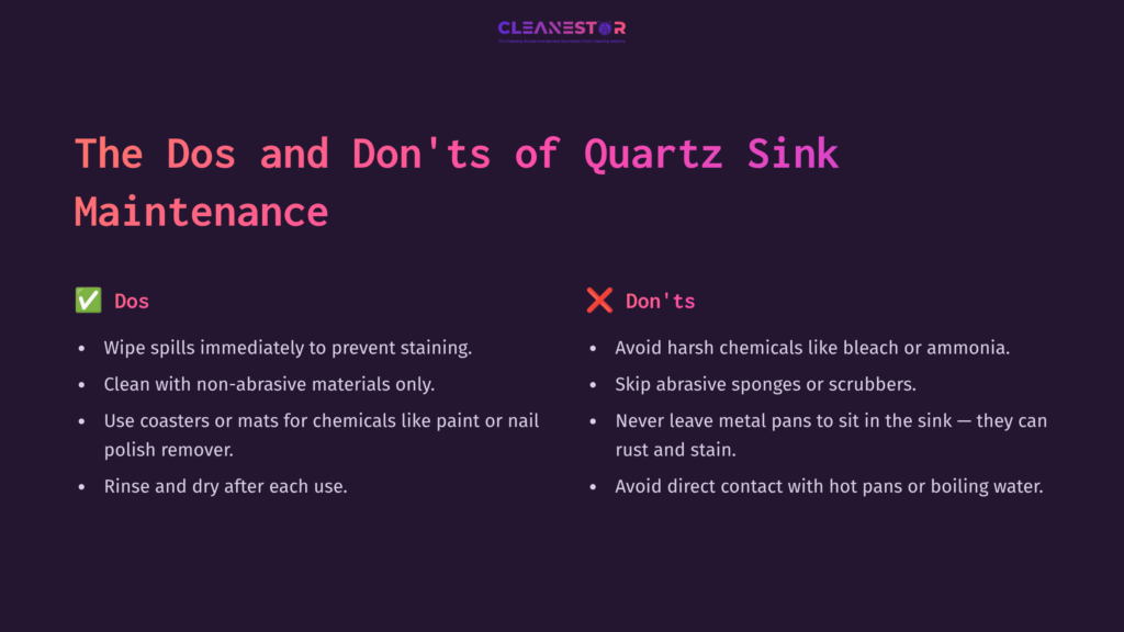 Text List Of Dos And Don’ts For Maintaining A Quartz Sink, Featuring Bullet Points In Pink And White On A Dark Background.