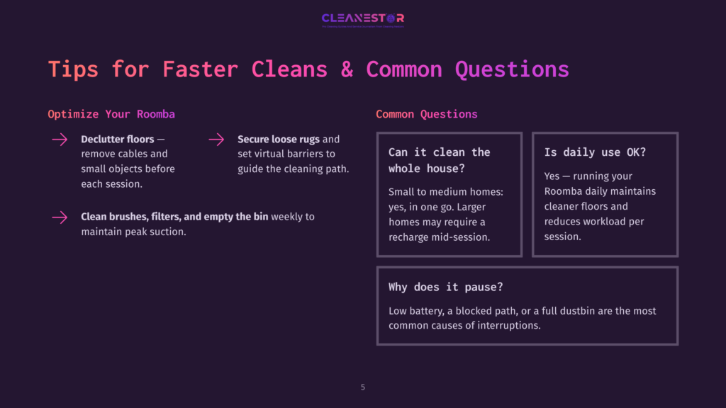 5 Tips For Faster Cleans And Common Questions Infographic With Purple Background Titled &Quot;Tips For Faster Cleans &Amp; Common Questions&Quot; From Cleanestor, Offering Advice On Roomba Optimization And Faqs.