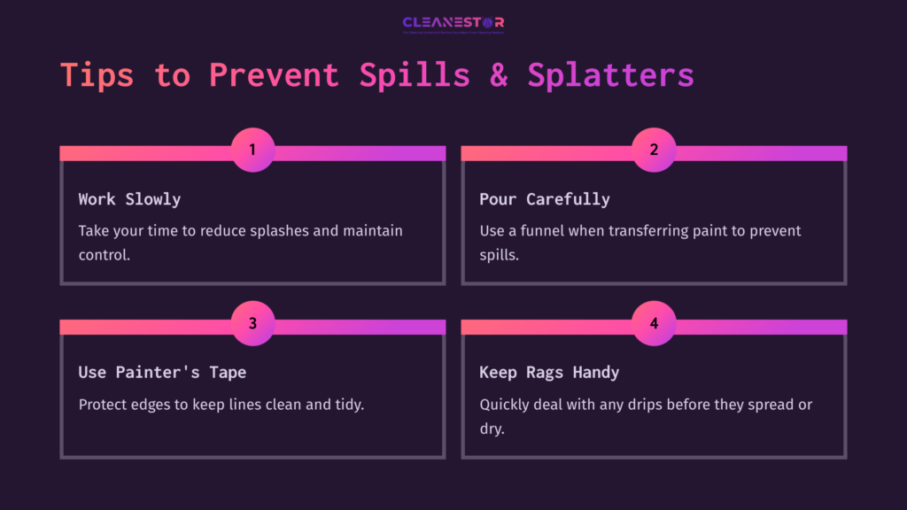 5 Tips To Prevent Spills And Splatters Four Tips On A Dark Background For Preventing Spills And Splatters While Painting, Highlighted In Colorful Boxes With Simple Icons.