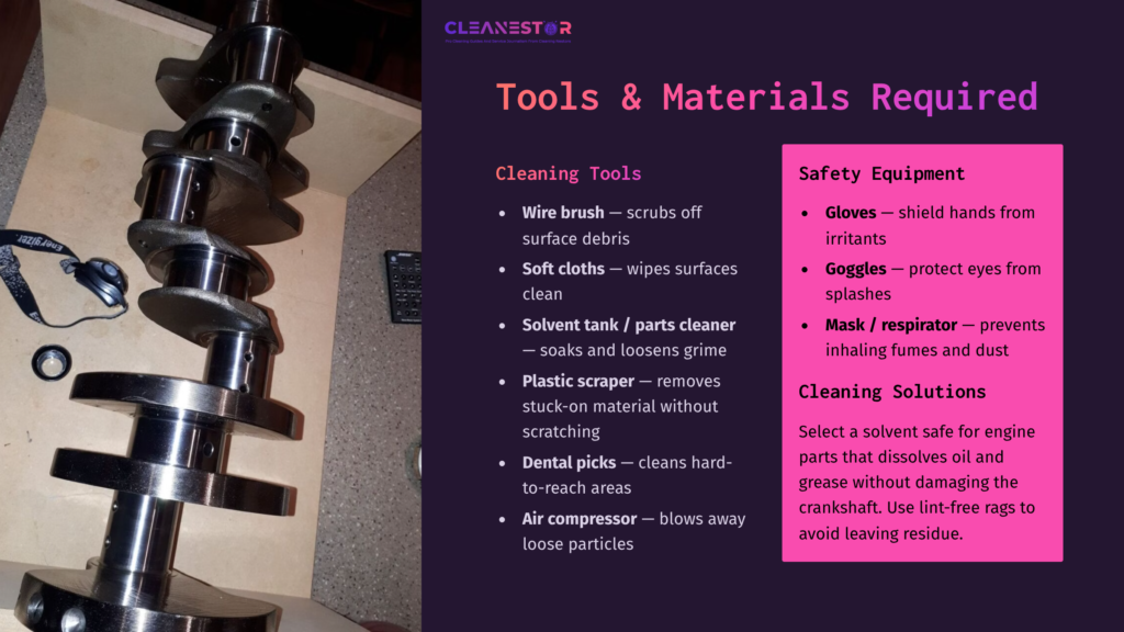 Crankshaft Cleaning Tools Displayed On A Workbench: Wire Brush, Soft Cloths, Solvent Tank, Scraper, Dental Picks, And Air Compressor.