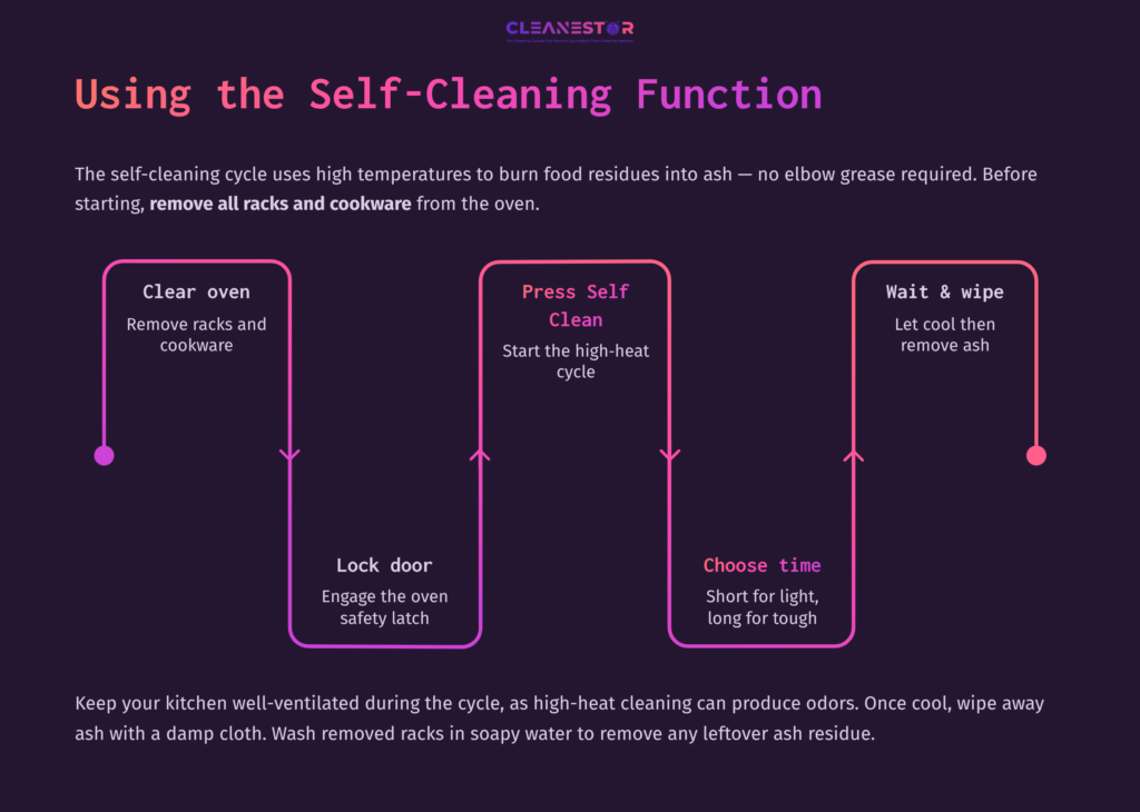 Flowchart Detailing Steps For Using The Self-Cleaning Function Of A Ge Monogram Oven, Featuring Purple And White Text On A Dark Background.