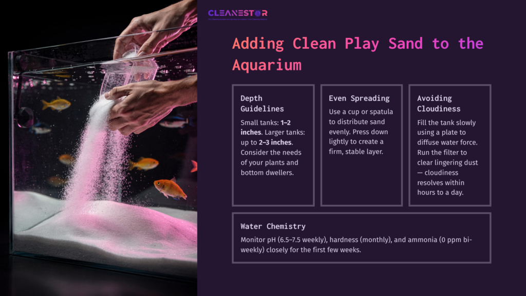 Hands Pouring Clean Play Sand Into An Aquarium, With Colorful Fish Swimming Nearby. Dark Background Highlights The Water'S Clarity.
