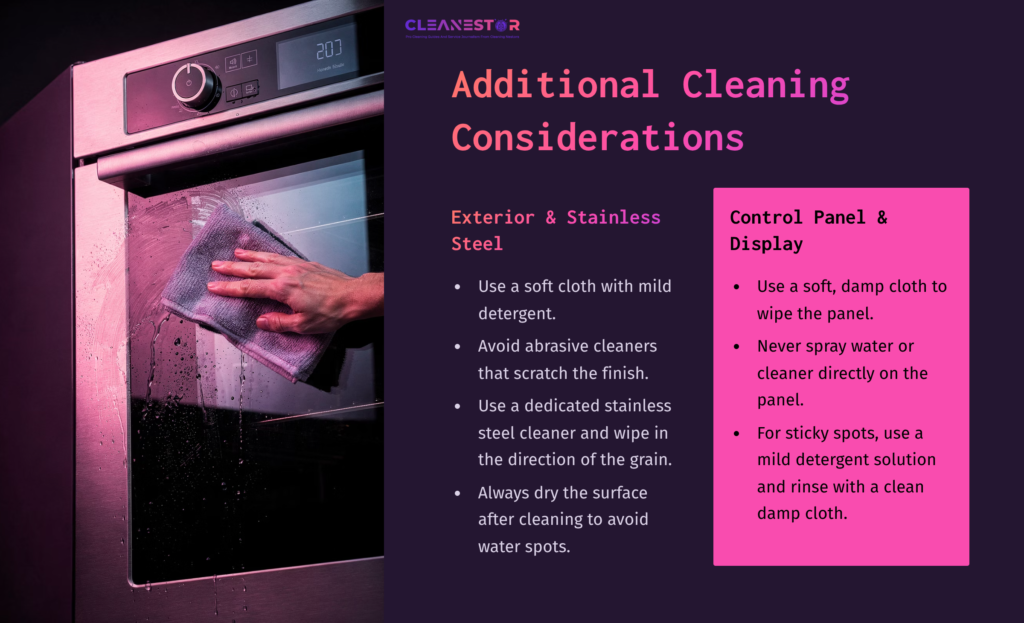A Hand Cleaning A Ge Monogram Oven'S Stainless Steel Surface With A Soft Cloth; Instructions For Care Displayed In Pink And Purple Text.