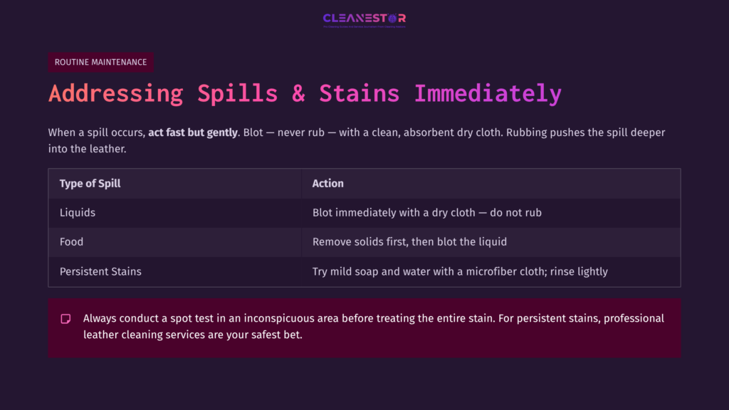 Text On A Purple Background Detailing Steps For Cleaning Spills And Stains On Natuzzi Leather, Featuring Headings And Clear Action Items.