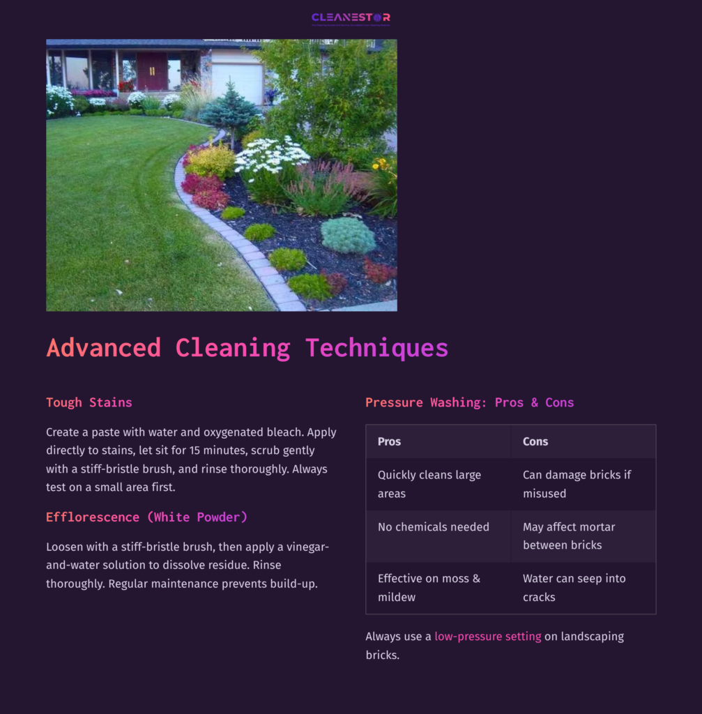 A Guide On Cleaning Landscaping Bricks, Featuring A Brick Path, Cleaning Techniques, And Pros/Cons List In An Organized Layout.