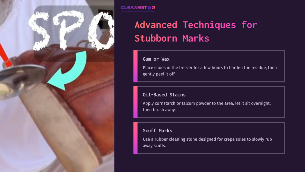 Close-Up Of A Suede Shoe Being Cleaned, Featuring A Rubber Cleaning Stone And Tips On Removing Stubborn Marks. Background Is Dark Purple.