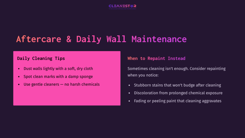 Tips For Cleaning Walls, Featuring A Pink Background, White Text, And Highlighted Sections On Cleaning Methods And When To Repaint.
