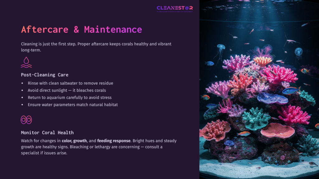 Brightly Colored Coral Reef Under Blue Lights, With Instructions For Coral Care And Maintenance Alongside, Emphasizing Post-Cleaning And Monitoring.