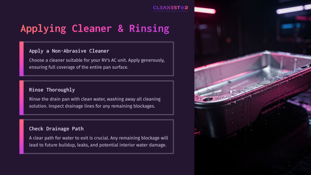 A Metal Drain Pan Sits In A Dimly Lit Space, Illuminated By Purple And Pink Light, With Cleaning Solution And Water Visible.