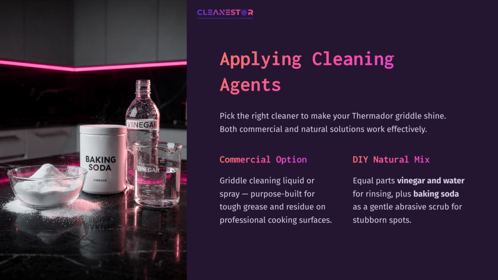 Bottles Of Vinegar And Baking Soda On A Countertop, With Text Explaining Cleaning Agents For Thermador Griddles In A Modern Setting.