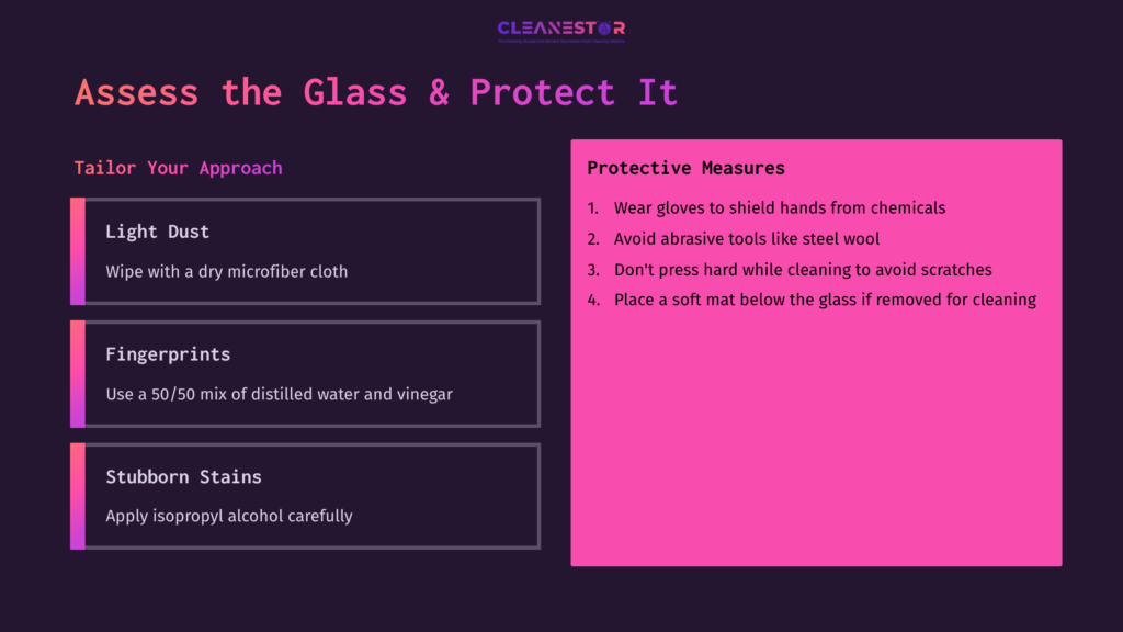 Graphic With A Dark Background Detailing Methods For Cleaning Tempered Glass, Featuring Sections On Approaches And Protective Measures In Contrasting Colors.