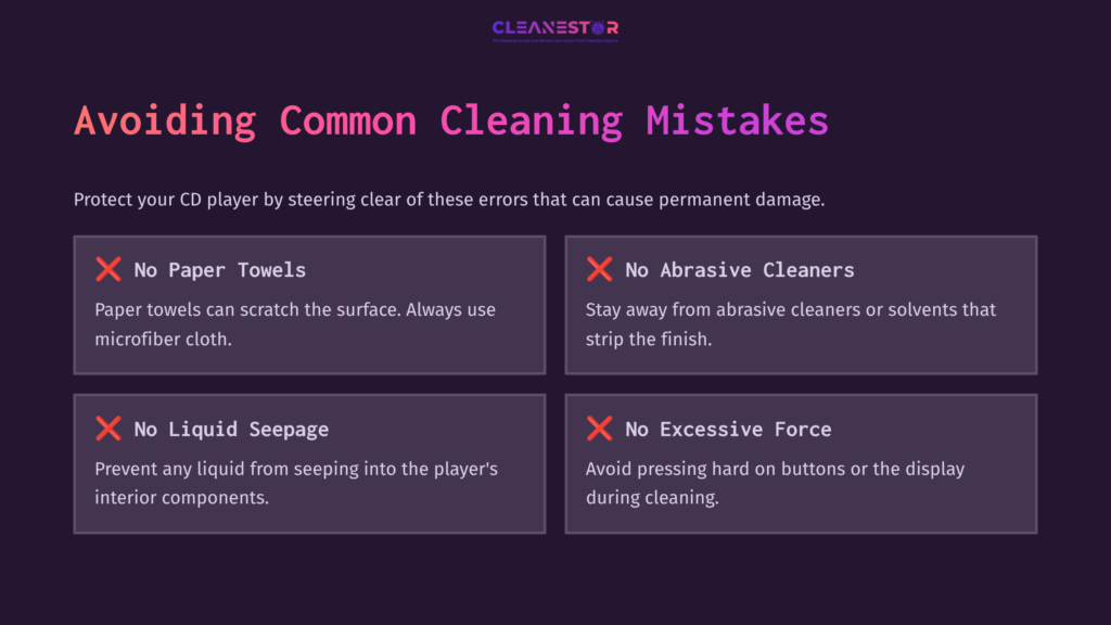 Tips For Cleaning A Cd Player, Featuring Four Key Points: Avoid Paper Towels, Abrasive Cleaners, Liquid Seepage, And Excessive Force.