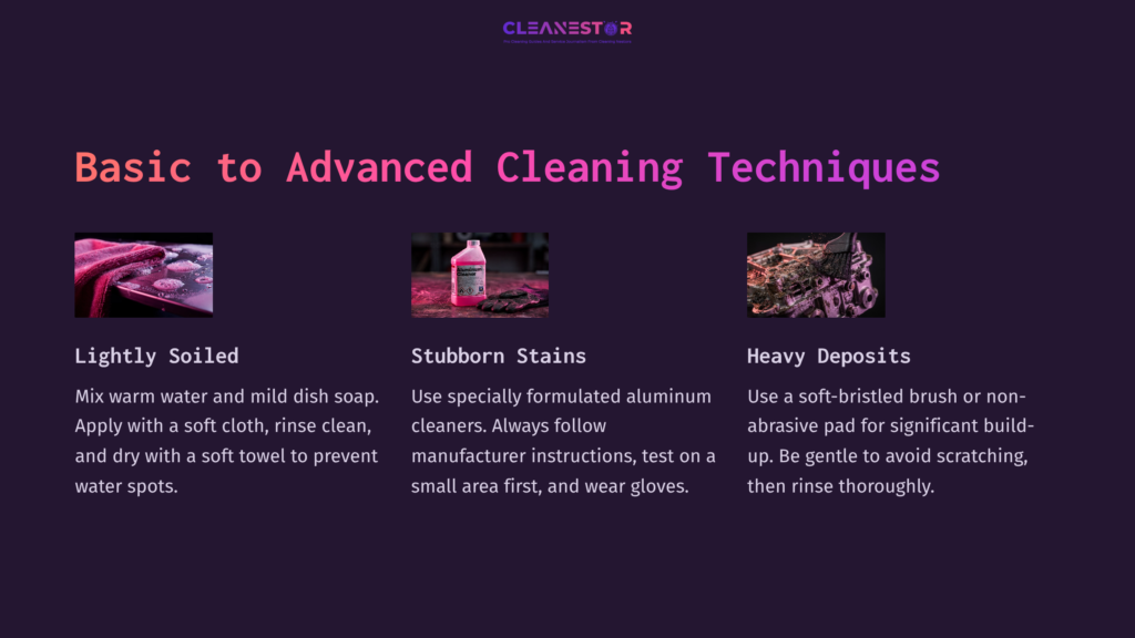 Three Highlighted Cleaning Techniques For Aluminum Parts: Lightly Soiled, Stubborn Stains, And Heavy Deposits, With A Cleaning Solution Bottle And Tips.