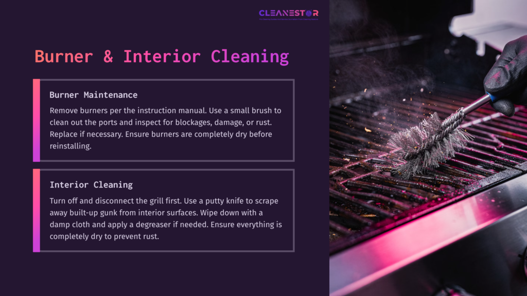 Close-Up Of A Grill With A Brush Scraping Soot, Featuring A Purple And Black Layout With Cleaning Instructions. Steam And Residue Visible.