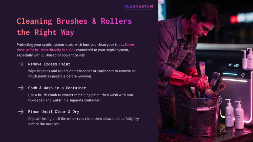 A Person Cleaning Paint Brushes And Rollers In A Colorful Workspace, Surrounded By Paint Containers, With Instructions Displayed On The Side.