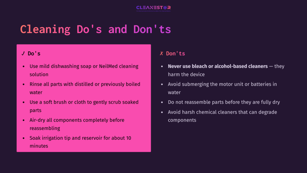 6 Cleaning Dos And Donts Infographic With 'Cleaning Do'S And Don'Ts' For The Neilmed Sinugator, Featuring Pink And Purple Sections With Clear Bullet Points.