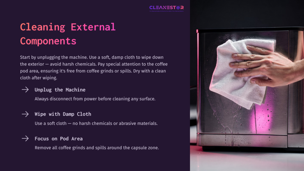 A Hand Wipes The Exterior Of A Nespresso Vertuo Machine With A Damp Cloth, Showing A Close-Up Of Cleaning Instructions On The Side.