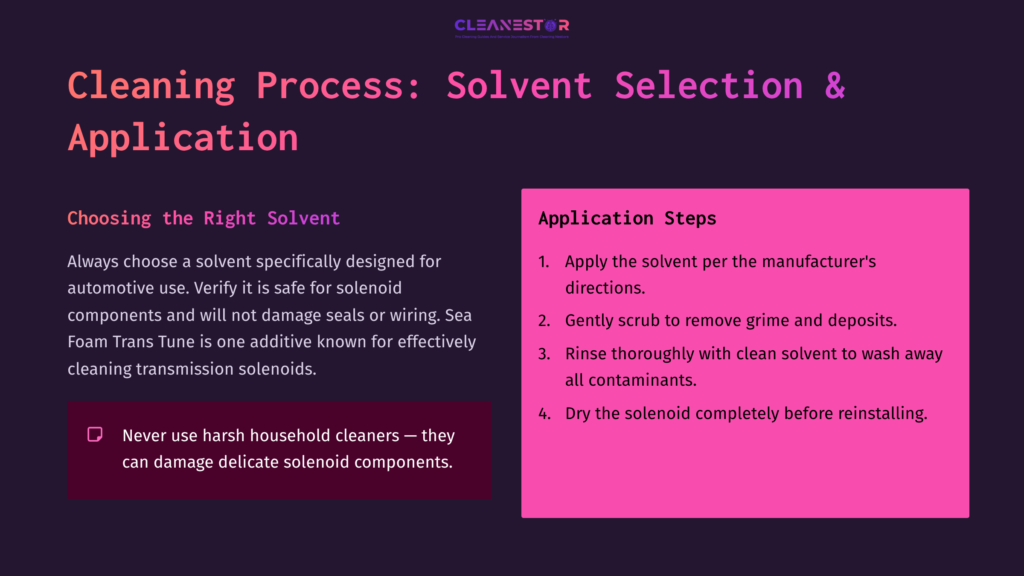 6 Cleaning Process Solvent Selection And Application Title &Quot;Cleaning Process: Solvent Selection &Amp; Application,&Quot; Featuring A Dark Background With White And Pink Text Outlining Solvent Usage Tips And Application Steps.