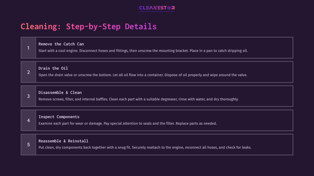 Step-By-Step Guide On Cleaning An Oil Catch Can, Featuring Purple Background, White Text, And Numbered Instructions.