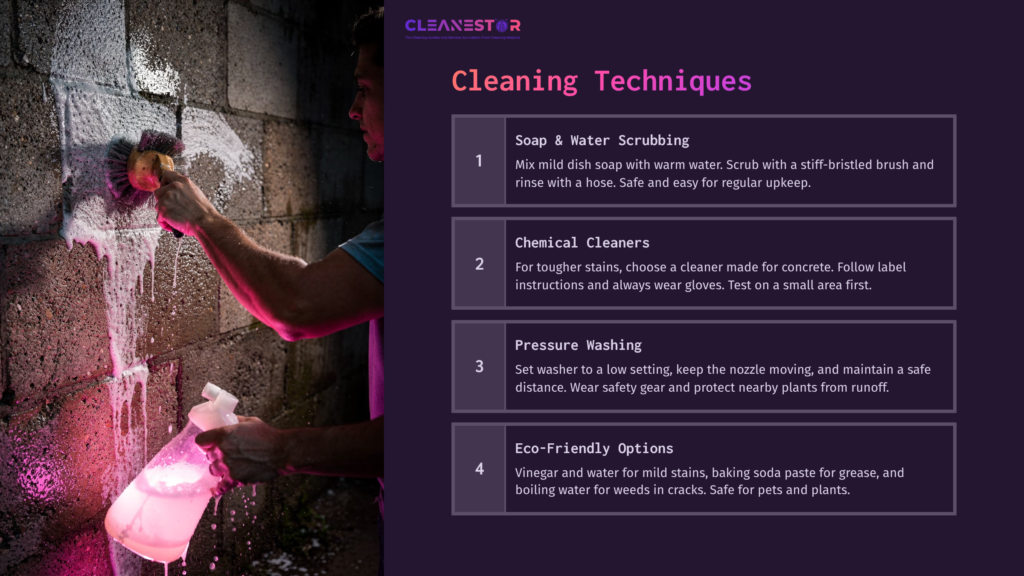A Person Scrubs A Concrete Block Wall With A Brush, Showcasing Cleaning Techniques Against A Dark, Textured Background.