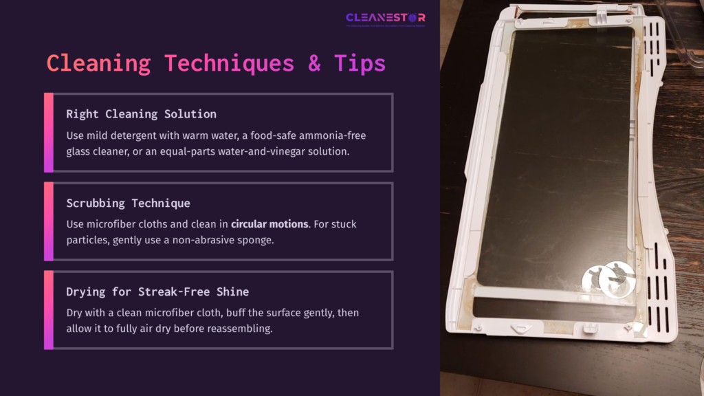 A Ge Fridge Glass Shelf With A Black Surface, Framed By A White Plastic Edge, Displayed Alongside Cleaning Tips For Maintenance.