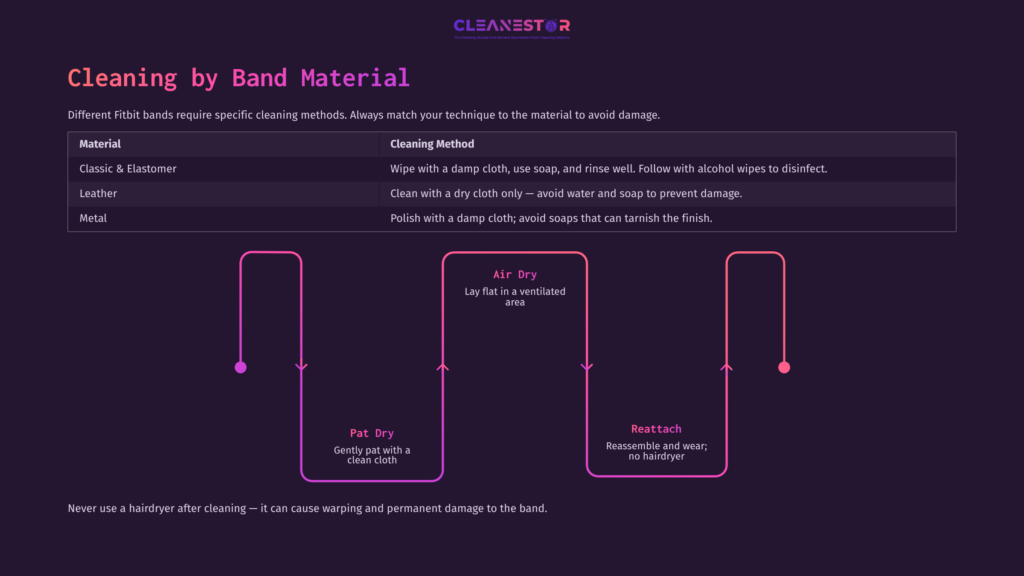 Flowchart Detailing Cleaning Methods For Fitbit Bands By Material: Silicone, Metal, And Leather, With Drying Techniques Illustrated.