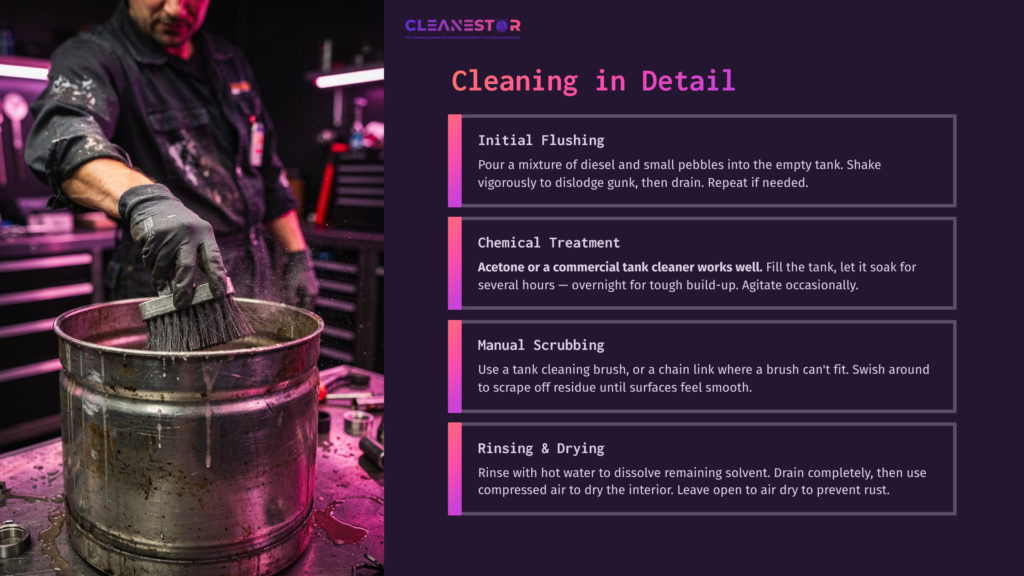 A Person In A Dark Workspace Stirs A Metal Tank With Hands Covered In Gloves, Surrounded By Cleaning Tools And Equipment.