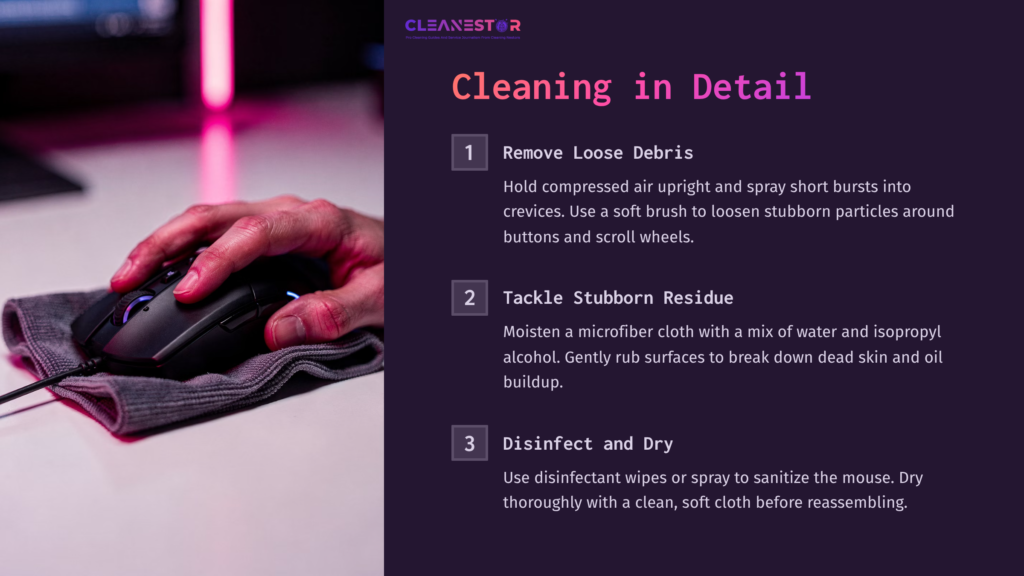 A Hand Holds A Gaming Mouse Over A Gray Cloth, With Cleaning Instructions Beside. Background Features Pink And Purple Lighting.