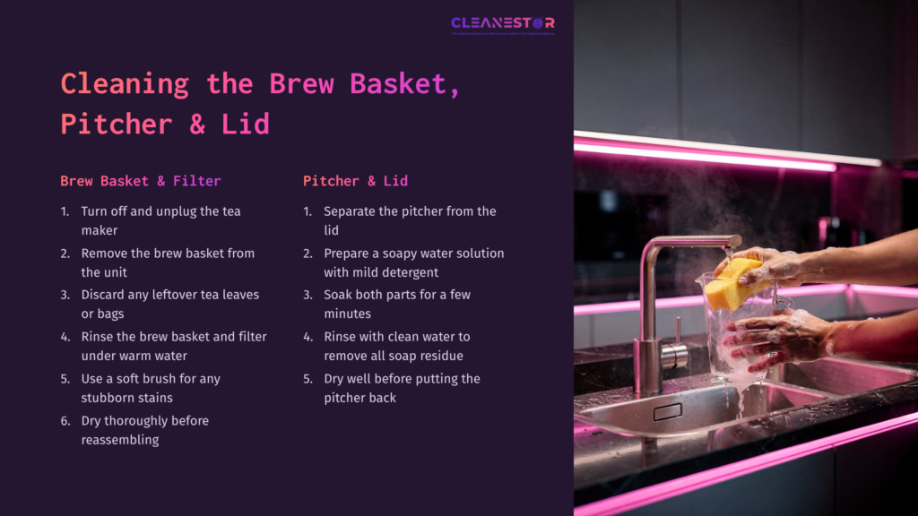 A Kitchen Scene With A Person Cleaning An Iced Tea Maker'S Brew Basket And Pitcher Under Pink Neon Lights, With Soap And Water Visible.