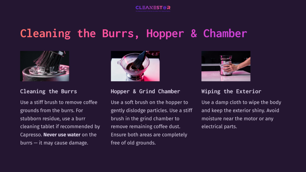6 Cleaning The Burrs Hopper And Chamber 1 Instructions For Cleaning A Coffee Grinder, Featuring Three Steps With Icons: A Brush, A Grinder Chamber, And A Damp Cloth On A Surface.