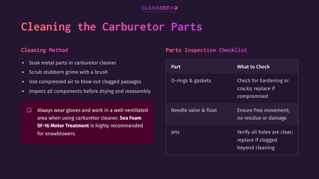 6 Cleaning The Carburetor Parts Instructions On Cleaning A Snowblower Carburetor, Featuring A Checklist And Safety Notes, With A Dark Purple Background And White Text.
