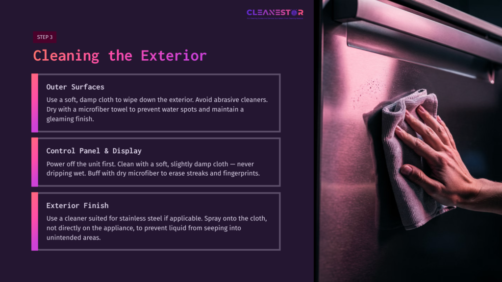 6 Cleaning The Exterior A Cloth Being Used To Clean The Exterior Of A Ninja Foodi Air Fryer Oven, With Cleaning Steps Listed On A Dark Background.