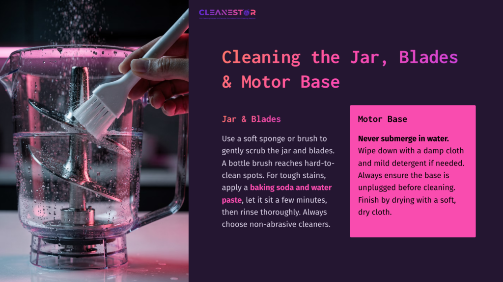 A Clear Blender Jar Filled With Water, Next To Text Instructions On Cleaning The Jar, Blades, And Motor Base With Specific Tips.