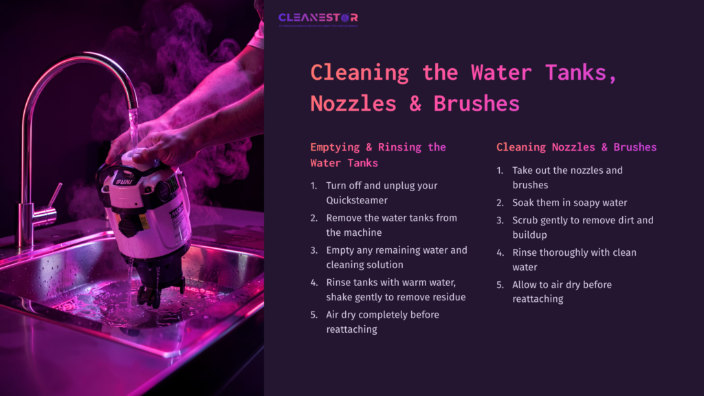 6 Cleaning The Water Tanks Nozzles And Brushes A Person Rinsing A Bissell Quicksteamer Water Tank Under Running Water In A Sink, With Cleaning Instructions On The Left.