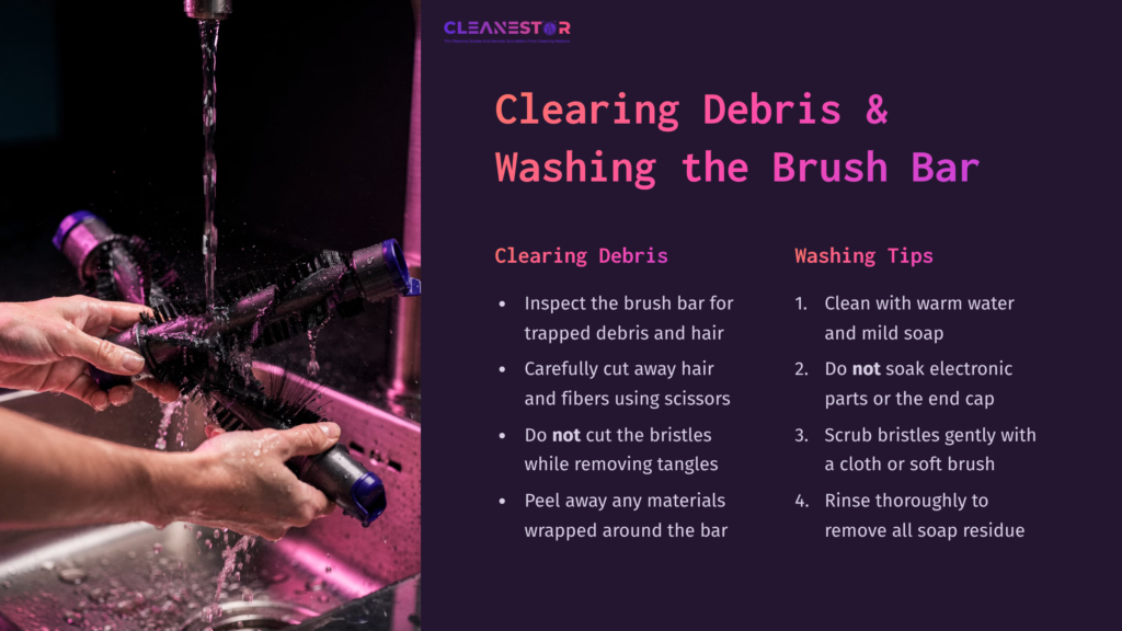 Two Dyson Vacuum Brush Bars Being Cleaned Under Running Water, Surrounded By Soap Suds, With Guidelines For Cleaning And Maintenance.