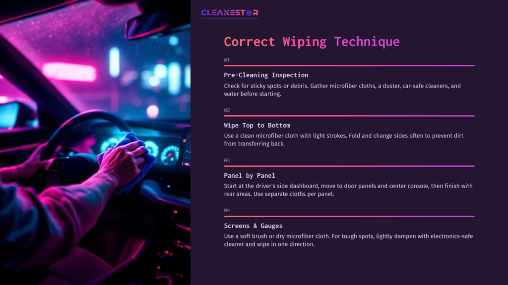 6 Correct Wiping Technique A Car Interior With A Driver’s Hand On The Steering Wheel; Colorful Neon Lights Create A Vibrant Atmosphere, Displaying Cleaning Tips.