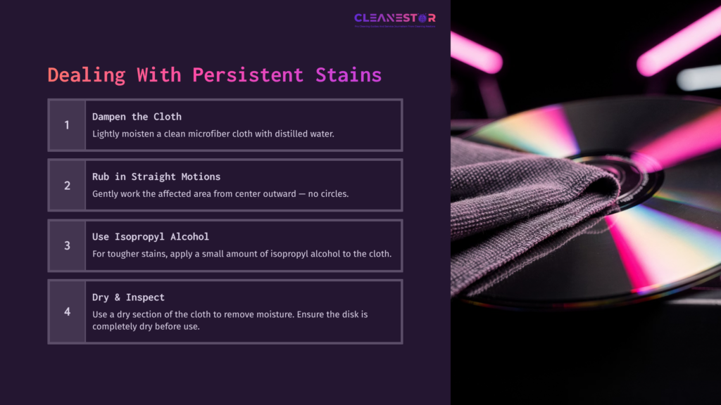 6 Dealing With Persistent Stains A Microfiber Cloth Dampened With Water, Alongside Instructions For Cleaning A Cd. The Background Features Vibrant Pink And Purple Lights.