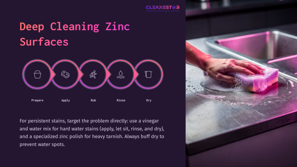 A Person Cleaning A Zinc Surface With A Purple Sponge, Next To A Stainless Steel Sink, On A Dark Background Featuring Cleaning Icons.