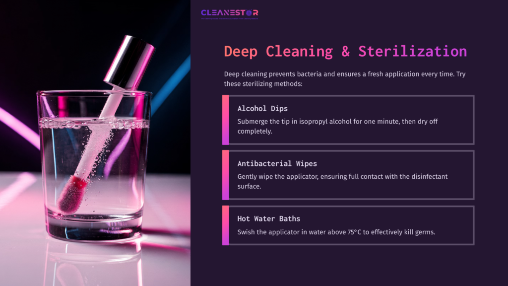 6 Deep Cleaning And Sterilization A Glass Containing Liquid With A Lip Gloss Applicator Submerged, Alongside Cleaning Instructions In Vibrant Colors And Bold Headings.