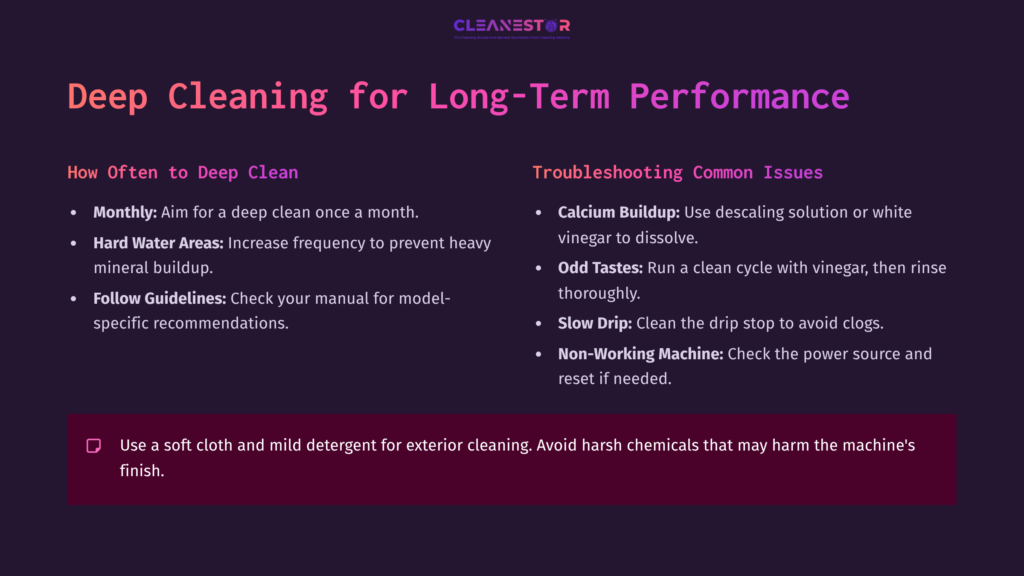 Text-Based Infographic On Deep Cleaning A Ninja Coffee Maker, Featuring A Purple Background, White And Pink Text, And Sections On Cleaning Frequency And Troubleshooting.