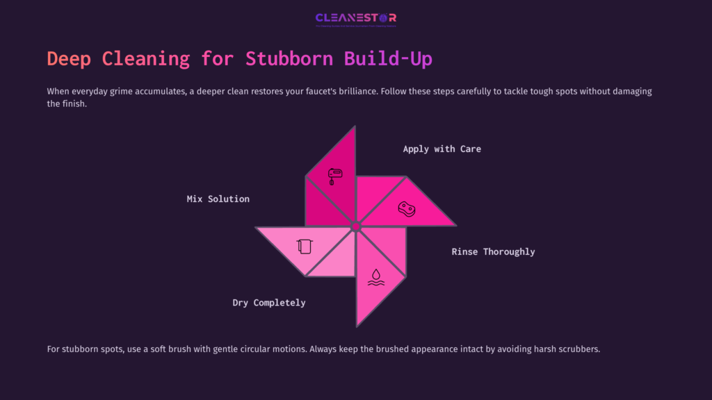 Graphic With A Pink Star Shape Divided Into Sections. Instructions For Cleaning Brushed Gold Faucets: Apply Solution, Mix, Rinse, And Dry.