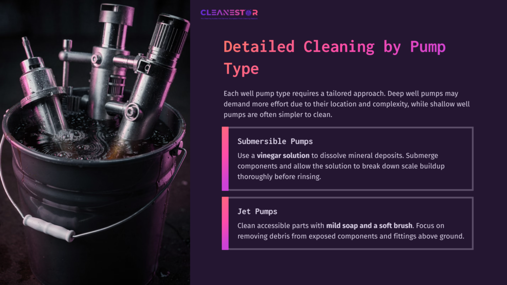 A Black Bucket With Two Submersible And Jet Pump Components, A Sponge, And Brush On A Purple Background. Text Outlines Cleaning Methods.