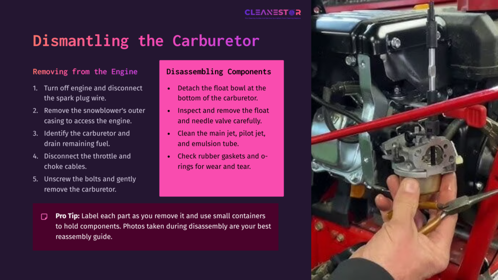 6 Dismantling The Carburetor Close-Up Of A Person Disassembling A Carburetor With Tools, Highlighting Components Like The Float Bowl And Gaskets, Against A Red Engine.