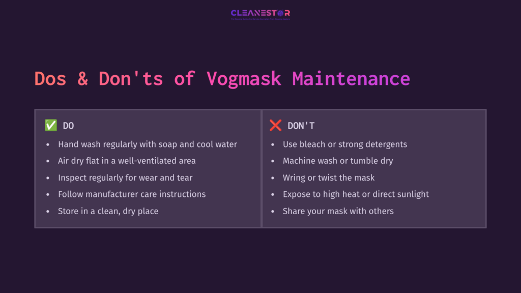 Guide On Vogmask Maintenance With Tips Listed Under &Quot;Do'S&Quot; And &Quot;Don'Ts,&Quot; Featuring A Dark Background And Vibrant Pink Headings.