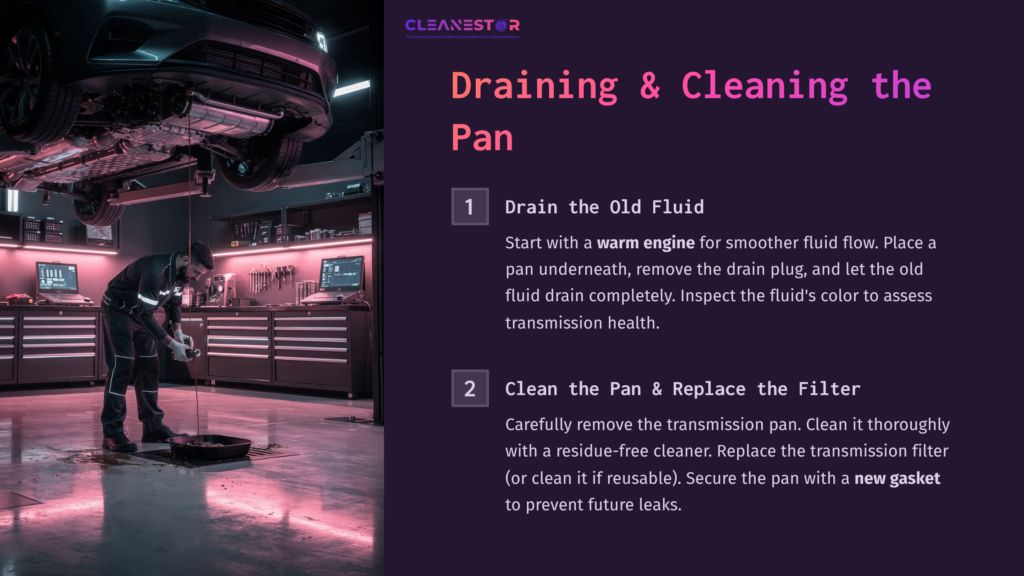 A Garage Scene Shows A Vehicle On A Lift. Tools And A Transmission Pan Are Visible, With Highlighted Text Instructions On Cleaning Fluid.
