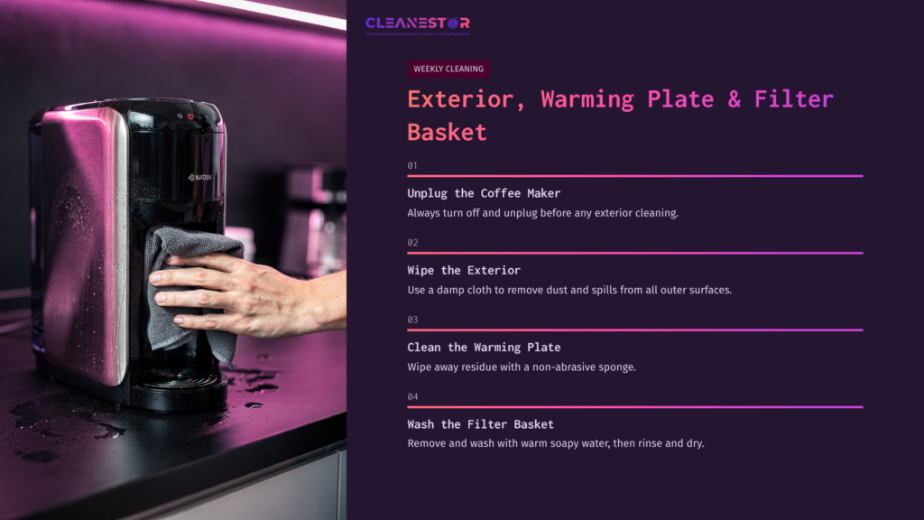 6 Exterior Warming Plate And Filter Basket A Hand Wipes A Black And Silver Thermal Coffee Maker; Text Outlines Cleaning Steps In Purple On A Dark Background.